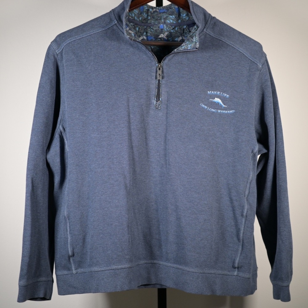 Tommy Bahama Mens XXL Blue 1/4 Zip Fleece Pullover Cotton Knit Marlin Logo